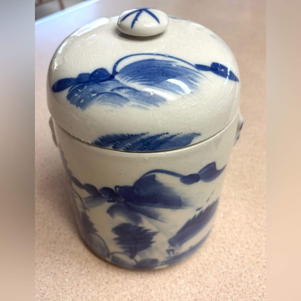 Vintage Blue and White Ceramic Decorative Container